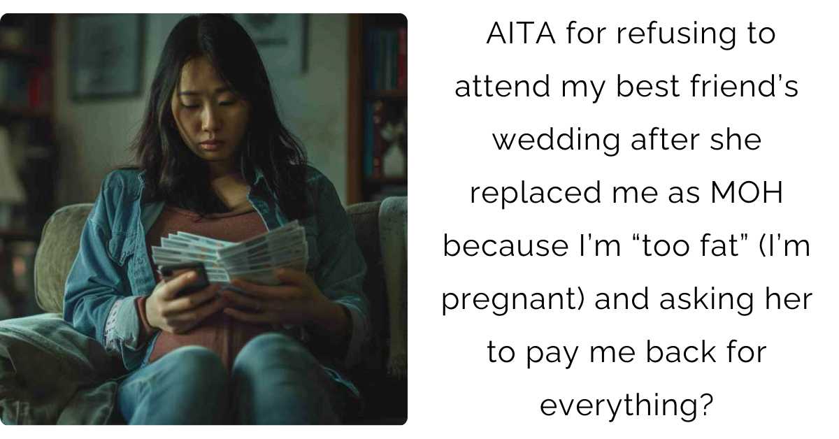 AITA for refusing to attend my best friend’s wedding after she replaced me as MOH because I’m “too fat” (I’m pregnant) and asking her to pay me back for everything?