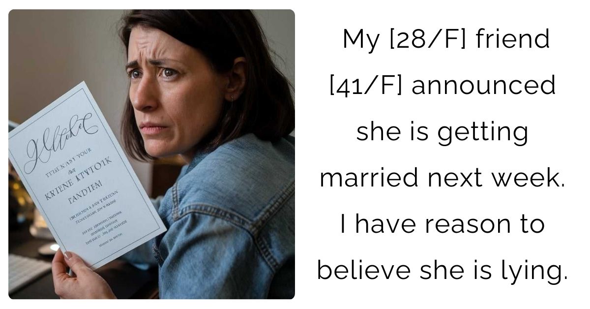 My [28/F] friend [41/F] announced she is getting married next week. I have reason to believe she is lying.