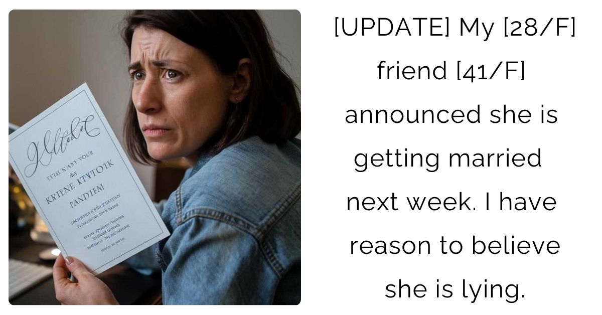 [UPDATE] My [28/F] friend [41/F] announced she is getting married next week. I have reason to believe she is lying.