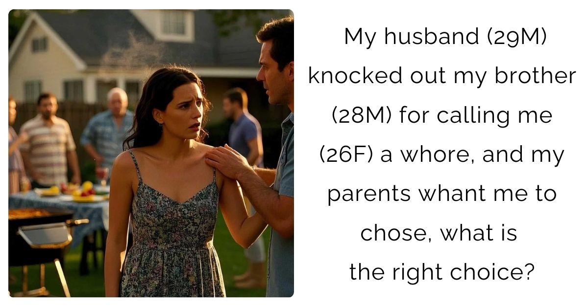 My husband (29M) knocked out my brother (28M) for calling me (26F) a whore, and my parents whant me to chose, what is the right choice?
